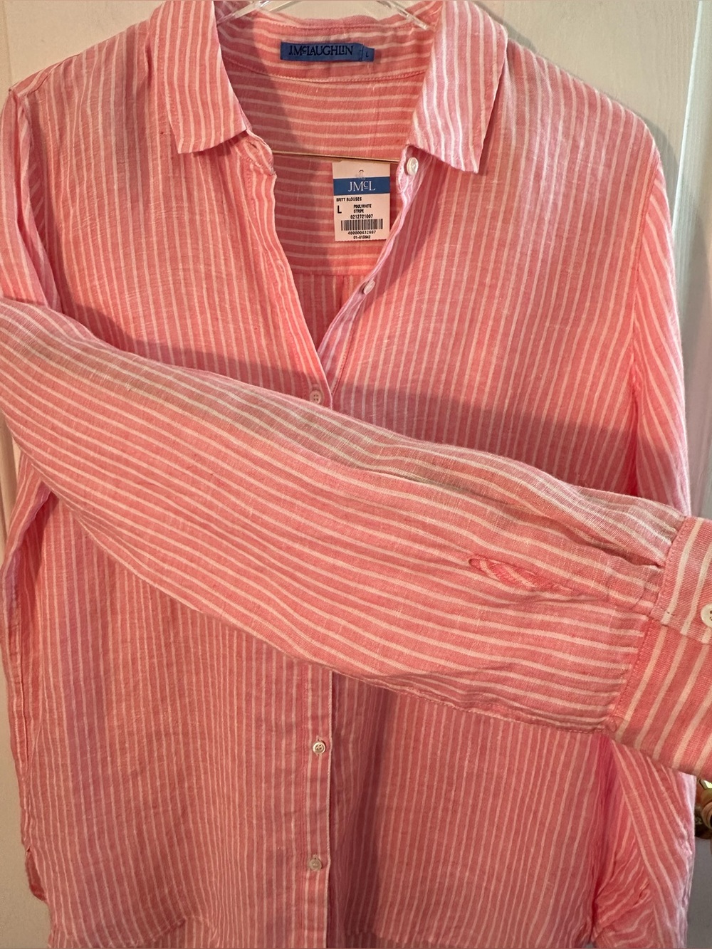 J. McLaughlin Lrg LINEN Minimalist Coastal Capsule Pink White Button Down Shirt - Picture 9 of 11
